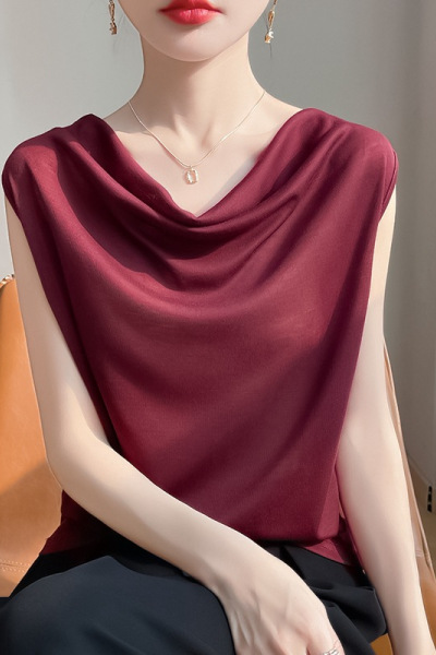 25夏季女装新款无袖荡领短款气质纯色上衣薄款百搭短袖打底衫T恤