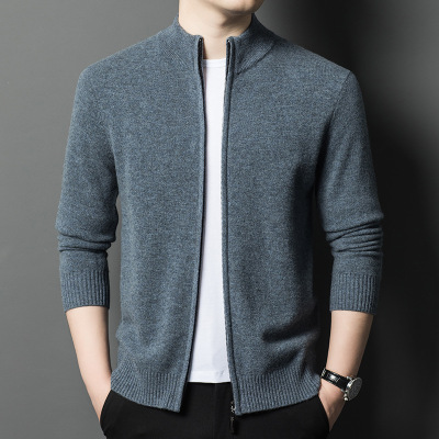 100%纯羊毛拉链立领针织开衫男士羊毛衫秋冬季加厚保暖毛衣外套男