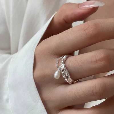 冷淡风珍珠戒指女小众设计液态氚气戒指女时尚个性开口素圈戒指环送女朋友老婆情人节七夕生日礼物