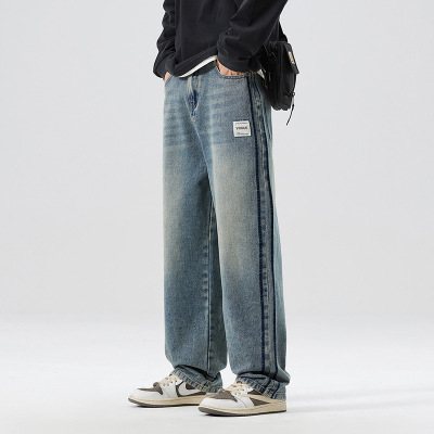 轻奢简约水洗牛仔裤舒适有型抗皱百搭休闲裤男拼接潮牌阔腿直筒裤_1