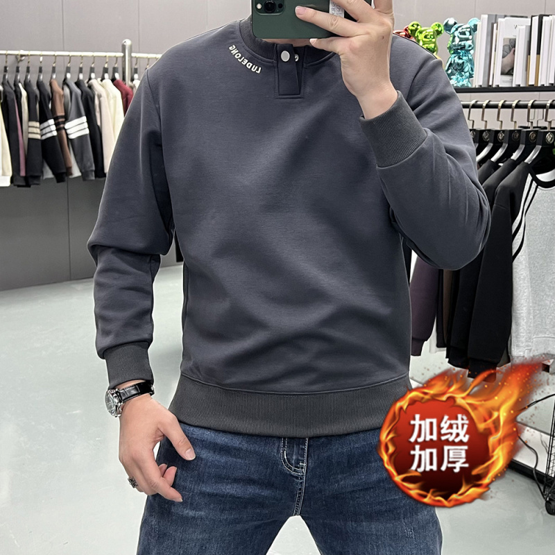 冬季新款男士高品质纯色卫衣简约时尚打底衫纽扣设计宽松百搭上衣