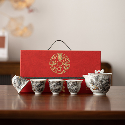 苏氏陶瓷(SUSHI CERAMICS)水墨龙腾盛世一壶四杯小套装非遗传承人苏爱珍老师作品