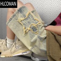 HLCOMAN美式复古黄泥色星星牛仔短裤男夏季潮牌高街vibe设计感宽松五分裤