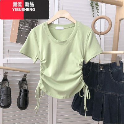 YIBUSHENG双侧边系带褶皱感短袖T恤女2024季新款修身韩版小个子短款上衣
