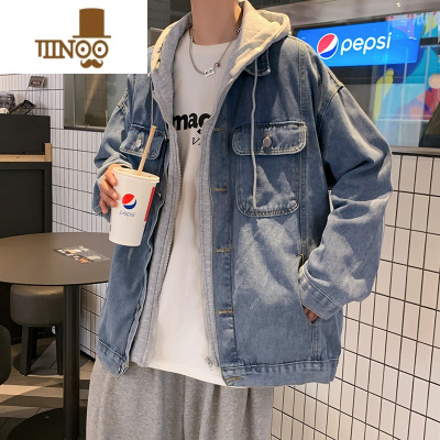 YANXU痞帅牛仔夹克男款潮牌连帽宽松百搭外套潮流韩版假上衣服