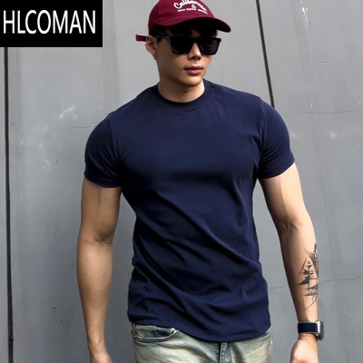 HLCOMAN藏青色正肩收袖口t恤男夏季美式健身运动上衣cleanfit小领口短袖