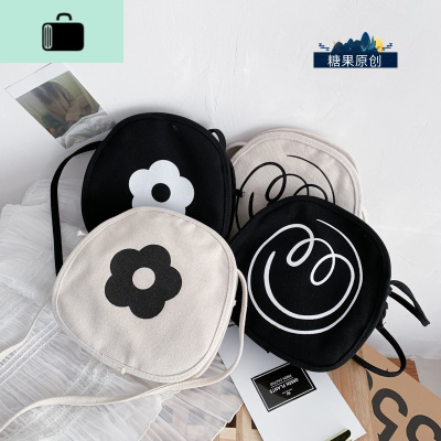 花朵小清新文艺少女帆布斜挎包可爱百搭秋冬小圆包单肩学生小包包NEW LAKE女斜挎包