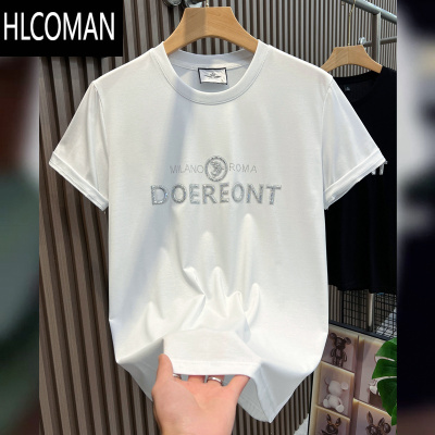 HLCOMAN2025夏季新款短袖t恤男凉感韩版百搭潮牌修身字母烫钻体恤上衣服