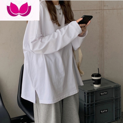 七斓春季打底衫白色内搭长袖开叉t恤女2023新款加绒宽松上衣ins潮