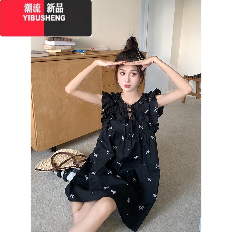 YIBUSHENG赫本风蝴蝶结刺绣飞飞袖连衣裙女季新款法式时尚显瘦系带短裙潮