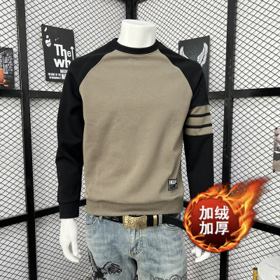 秋冬季青中年圆领卫衣男孩加绒打底上衣男装拼色插肩袖长袖体恤衫