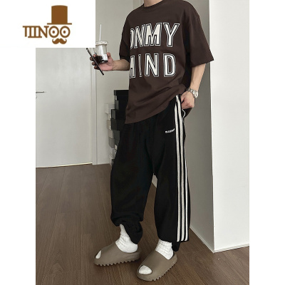 YANXU港风复古三杠运动卫裤男宽松休闲抽绳松紧腰直筒长裤情侣工装裤潮