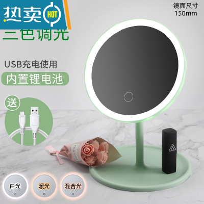 敬平欧式复古手柄化妆镜手拿手持美容院简约镜子便携随身纹绣用品工具 充电款三色调光-绿色便携式用镜