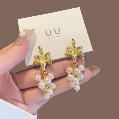 小众独特葡萄串珠耳环女银针法式度假耳饰2024新款珍珠耳坠送女朋友老婆情人节七夕生日礼物