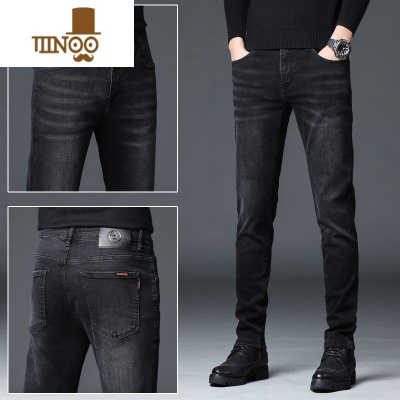 YANXU高端2023款黑色牛仔裤男修身弹力小脚裤休闲百搭男士长裤
