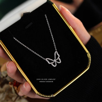 s999足银微镶边锆石镂空蝴蝶项链女轻奢高级感超闪小众网红锁骨链送女朋友老婆情人节七夕生日礼物