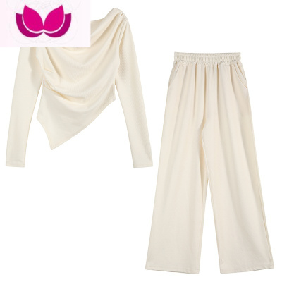 七斓港味辣妹纯色套装女春季新款一字肩长袖上衣高腰垂感休闲裤套