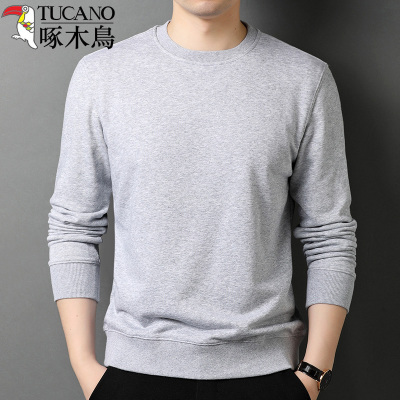 啄木鸟春秋新款男士纯色休闲卫衣纯棉长袖宽松T恤潮流套头体恤男