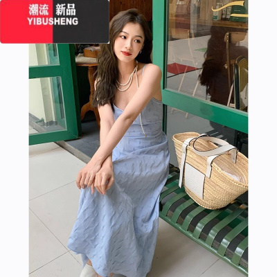 YIBUSHENG海边度假风吊带连衣裙子女季2024新款茶歇法式收腰美背蓝色长裙