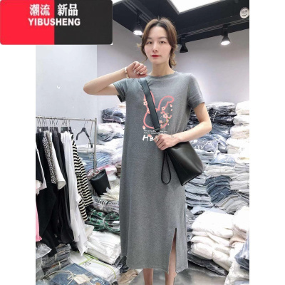 YIBUSHENG2022年春季新款休闲大码中长款过膝T恤裙子女连衣裙百搭打底衫