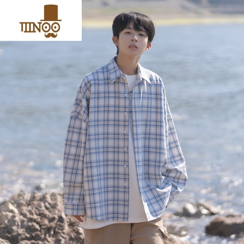 YANXU格子衬衫男长袖设计感衬衣日系cityboy慵懒风外套痞帅气