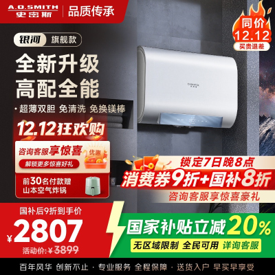 史密斯佳尼特家用电热水器60升 免清洗免换镁棒 双胆速热 一级能效 银河AIR