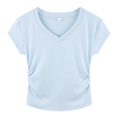 YIBUSHENG蓝色v领正肩短袖t恤女2024新款季掐腰打底衫紧身甜辣短款小上衣