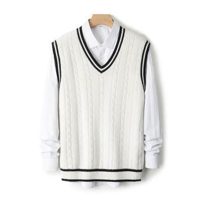 学院风V领羊毛针织马甲男秋冬美式复古宽松无袖毛衣背心套头坎肩