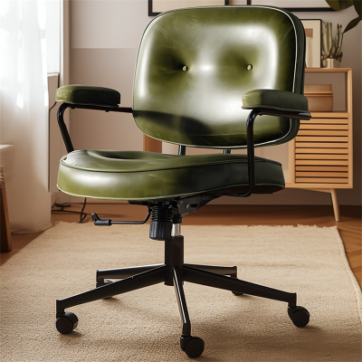 易企采 墨绿色皮椅子靠背电脑椅家用书房书桌椅卧室座椅牛皮办公椅旋转椅