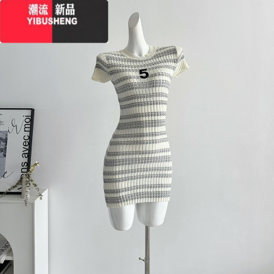 YIBUSHENG 圆领条纹针织连衣裙女2024年季小香风中长款裙子