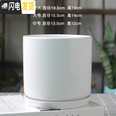 三维工匠北欧简约花盆陶瓷大号带托盘白色绿萝盆栽室内多肉盆 直筒亮光白 中等花盆容器