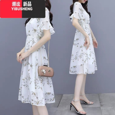 YIBUSHENG碎花雪纺连衣裙女2024新款季小个子收腰遮肚显瘦气质仙女a字裙