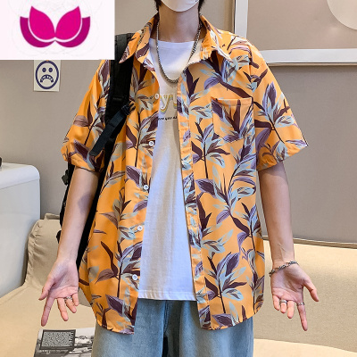 七斓夏威夷花衬衫男短袖宽松大码胖子痞帅古着沙滩衬衣潮流外套男夏季