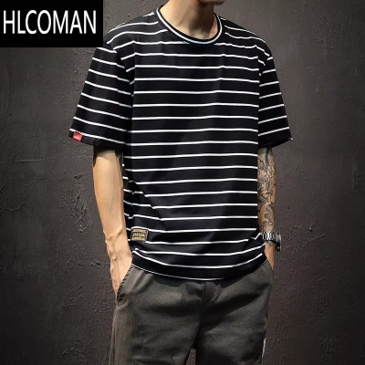 HLCOMAN日系条纹短袖T恤男款潮牌2025新款大码衣服夏季宽松男士半袖体恤