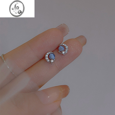 JiMi蓝眼石月亮星球耳钉女925银针小众个性简约百搭气质耳环耳饰