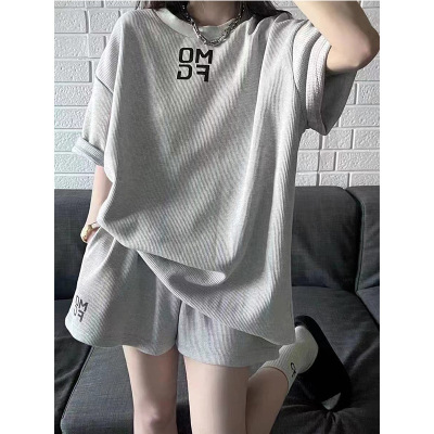 美式复古运动服套装夏季新款宽松短袖短裤时尚休闲华夫格两件套装_1