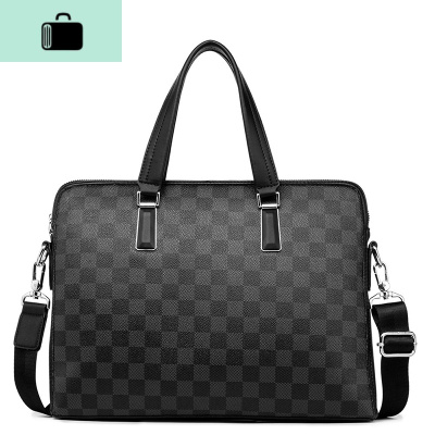 手提包男潮牌休闲商务格子男士单肩包PU皮时尚出差公文包文件包NEW LAKE 黑色格子