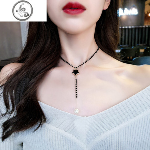 水晶五角星短项链锁骨链韩国气质项圈颈链简约百搭颈带choker女 JiMi 小私心。黑水晶五角星