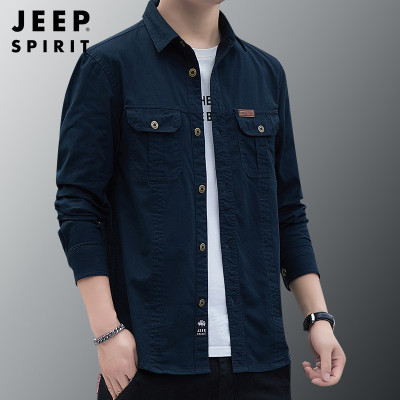 JEEP SPIRIT休闲宽松大码男青年商务方领纯棉长袖衬衫男