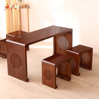 质凡国学桌实木书法桌子毛笔练字桌书画茶艺围棋桌培训课桌椅 140*50*70cm+凳子*2