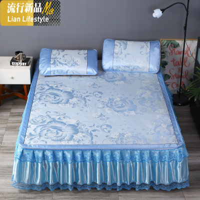 夏季蕾丝床罩式床裙款冰丝席空调软席床单1.5m1.8米床套花边防滑 三维工匠凉席/凉枕