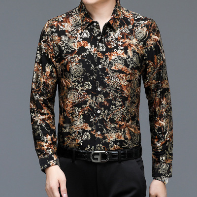 新款男士长袖衬衫秋季时尚休闲短花衬衣碎花免烫男装潮流衬衣