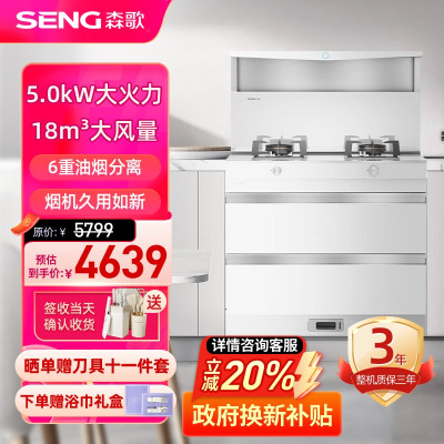 森歌(SENG)集成灶L1白色消毒柜款外观美 大容量 一体式吸烟机燃气灶具 家用抽油烟机燃气灶套装 液化气白色款