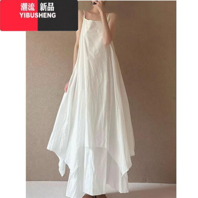 YIBUSHENG法式设计感双层大摆吊带裙女季高级感不规则下摆飘逸无袖连衣裙