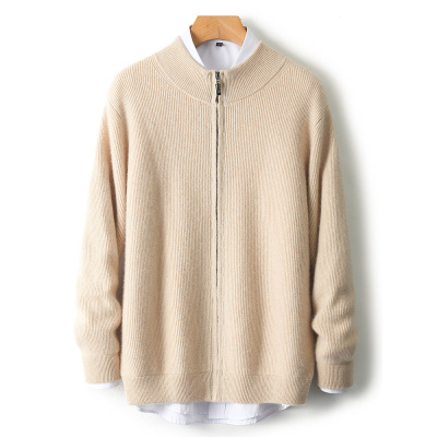 秋冬加厚都市简约100羊毛针织开衫毛衣半高领拉链男士宽松外套批