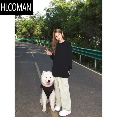 HLCOMAN纯黑色无帽卫衣男款美式复古cleanfit外套圆领长袖t恤打底衫内搭