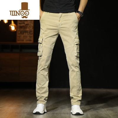 YANXU男士春季新款休闲裤时尚多兜直筒长裤修身卡其弹力多口袋工装裤潮