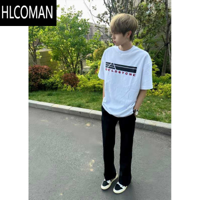 HLCOMAN美式潮牌白色短袖t恤男夏季新款痞帅小领口潮流体恤上衣