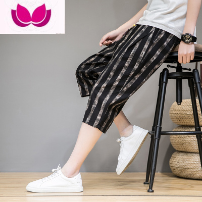 七斓短裤男五分裤条纹休闲裤夏季运动七分裤马裤中裤宽松亚麻裤沙滩裤