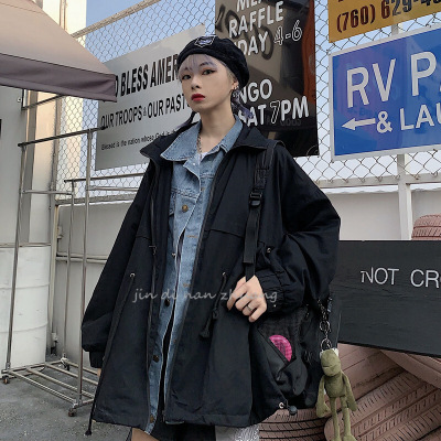 迪鲁奥(DILUAO)2019年秋季新款宽松黑色上衣BF百搭休闲牛仔纯色假两件外套女ins 黑色